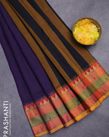 Narayanpet cotton saree deep violet and mustard yellow with plain body and zari woven border