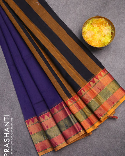 Narayanpet cotton saree violet and dark mustard with plain body and zari woven paithani style border