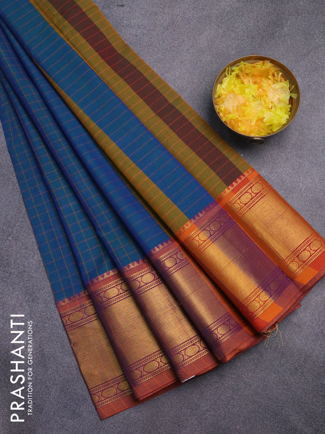 Narayanpet cotton saree dual shade of bluish green and rust shade with allover checked pattern and zari woven border