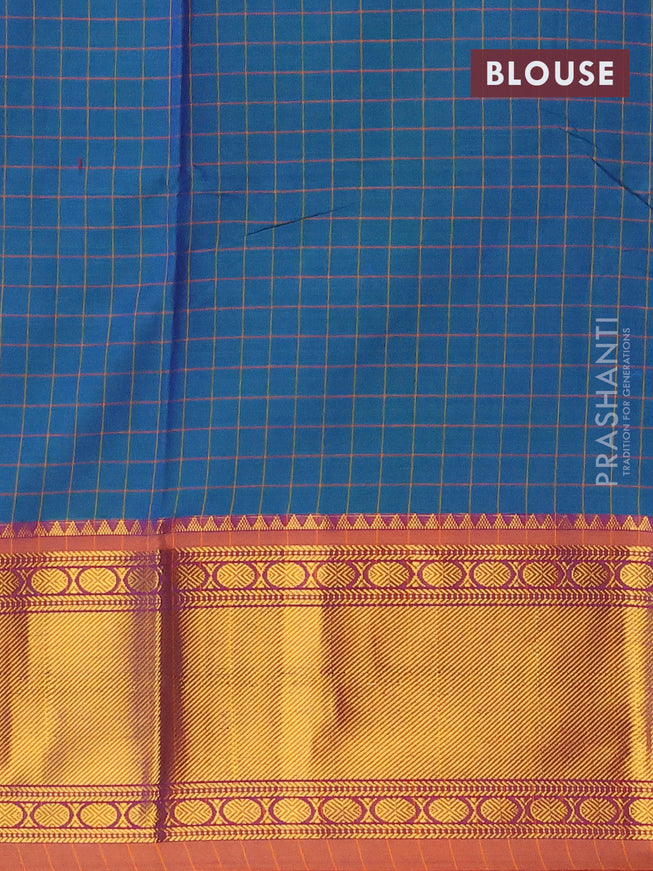 Narayanpet cotton saree dual shade of bluish green and rust shade with allover checked pattern and zari woven border