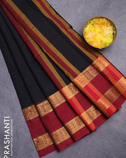 Narayanpet cotton saree black and maroon with plain body and rettapet zari wove border