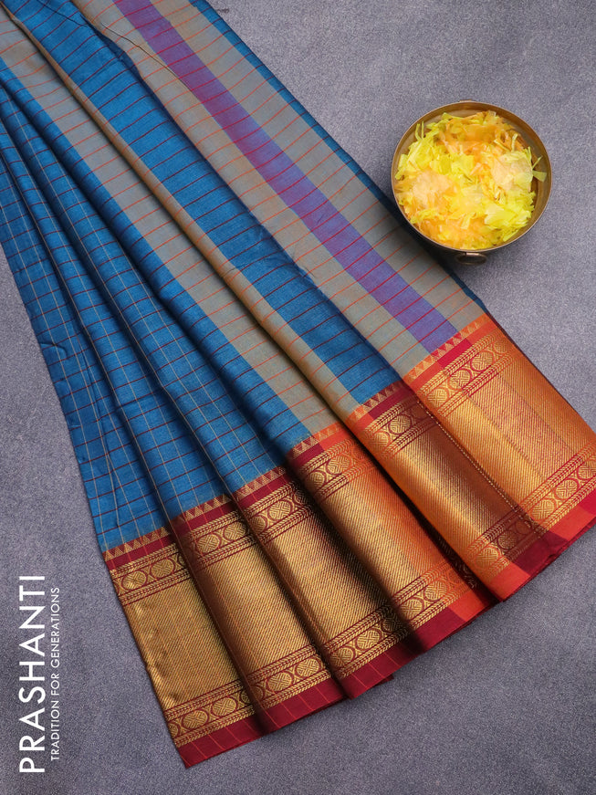 Narayanpet cotton saree peacock blue and maroon with allover checked pattern and zari woven border