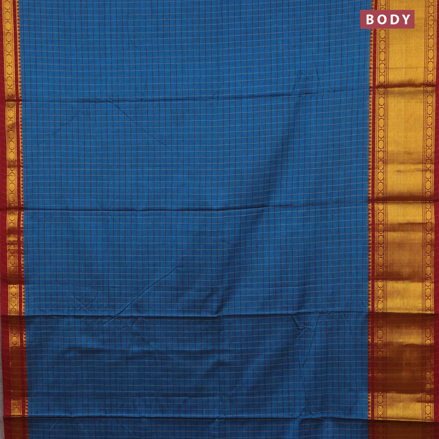 Narayanpet cotton saree peacock blue and maroon with allover checked pattern and zari woven border