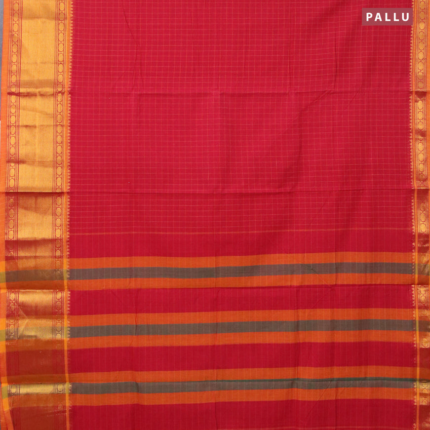 Narayanpet cotton saree kum kum red and dark mustard with allover checked pattern and zari woven border