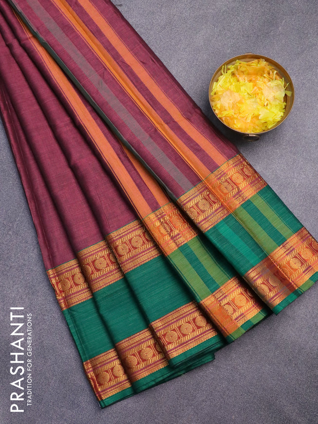 Narayanpet cotton saree maroon shade and green with plain body and rettapet zari woven border