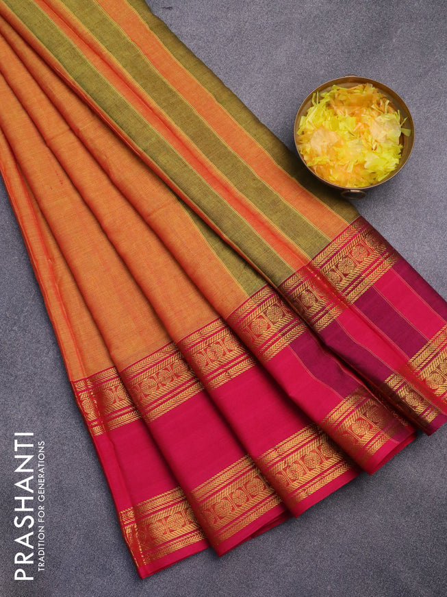 Narayanpet cotton saree dual shade of yellow and pink with plain body and rettapet zari woven border