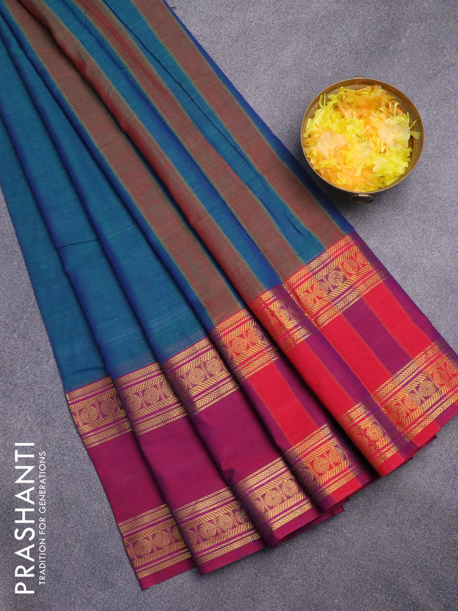 Narayanpet cotton saree dual shade of bluish green and purple with plain body and rettapet zari woven border