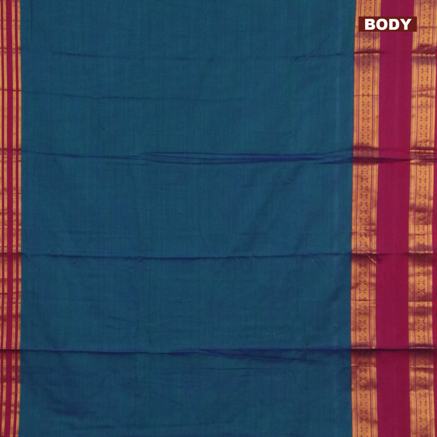 Narayanpet cotton saree dual shade of bluish green and purple with plain body and rettapet zari woven border