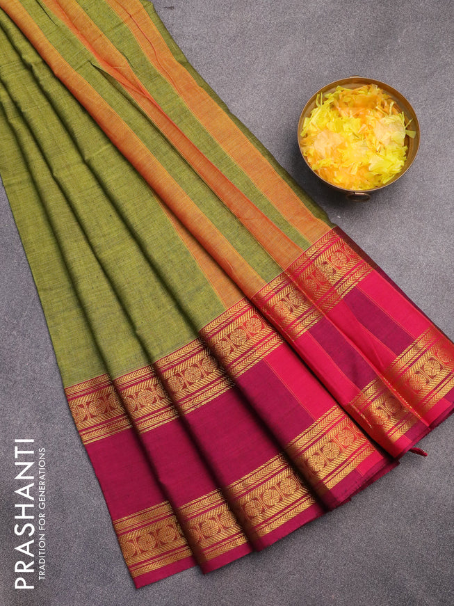 Narayanpet cotton saree mehendi green and magenta pink with plain body and rettapet zari woven border