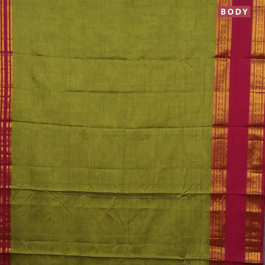Narayanpet cotton saree mehendi green and magenta pink with plain body and rettapet zari woven border