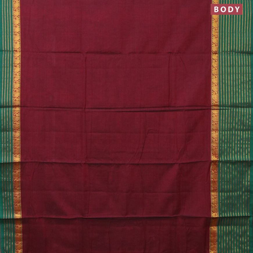 Narayanpet cotton saree maroon and green with plain body and elephant zari woven border