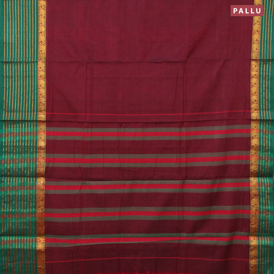Narayanpet cotton saree maroon and green with plain body and elephant zari woven border