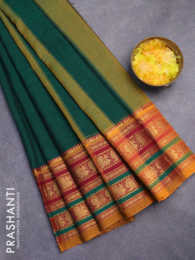 Narayanpet cotton saree green and mustard yellow with plain body and annam zari woven border