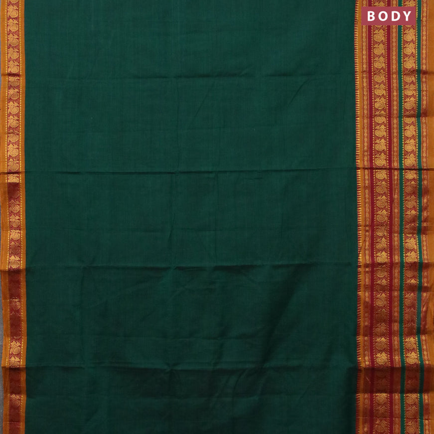 Narayanpet cotton saree green and mustard yellow with plain body and annam zari woven border