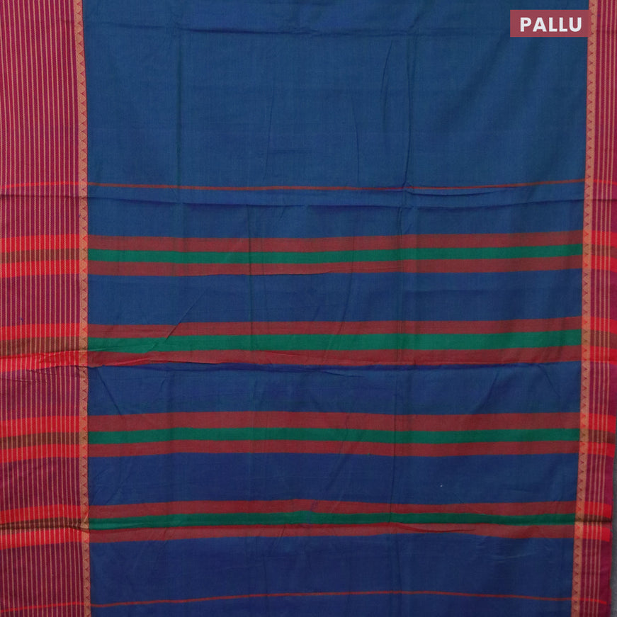 Narayanpet cotton saree dual shade of bluish green and maroon with plain body and thread woven border