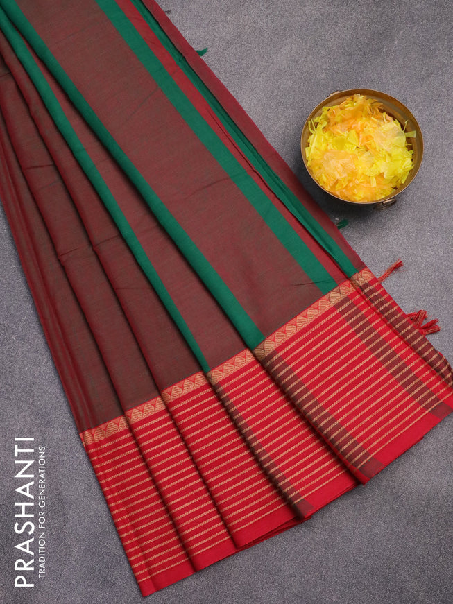 Narayanpet cotton saree dual shade of greenish maroon and red with plain body and thread woven border