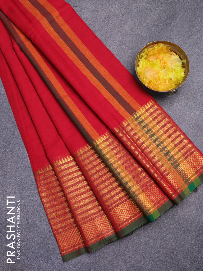 Narayanpet cotton saree red and green with plain body and long zari woven border