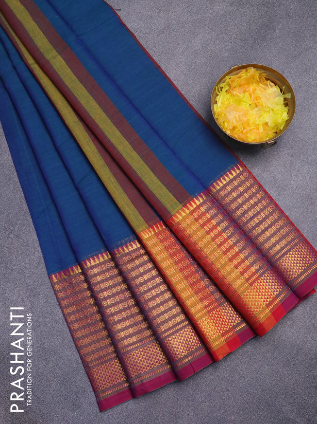 Narayanpet cotton saree bluish green and magenta pink with plain body and long zari woven border