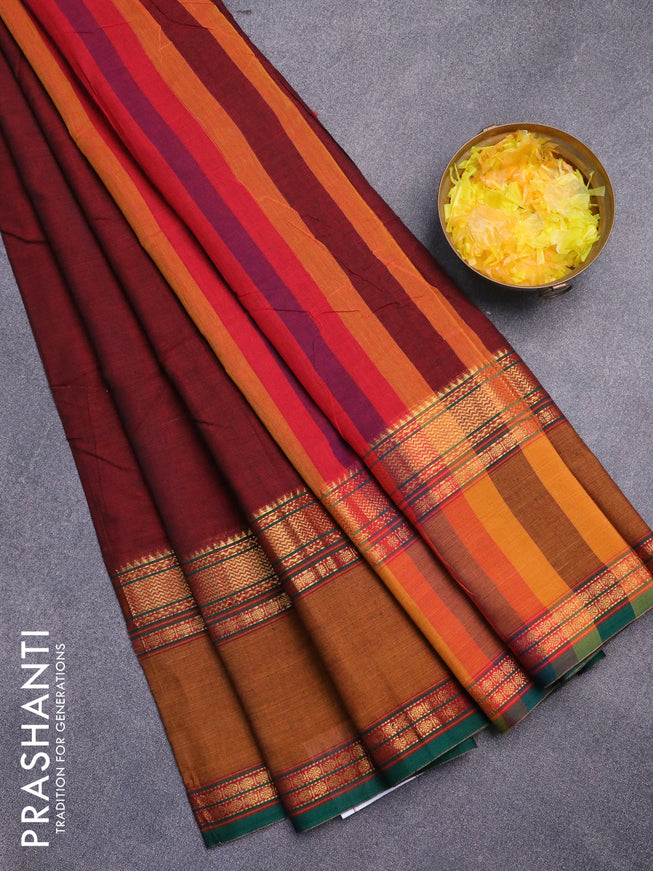 Narayanpet cotton saree maroon and dark mustard with plain body and rettapet zari woven border