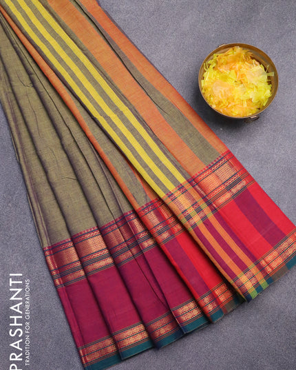 Narayanpet cotton saree dual shade of green and magenta pink with plain body and rettapet zari woven border