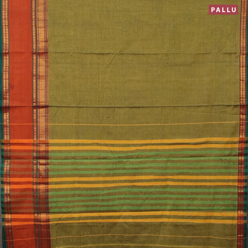 Narayanpet cotton saree light green and orange with plain body and rettapet zari woven border