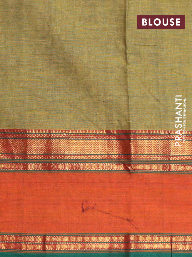 Narayanpet cotton saree light green and orange with plain body and rettapet zari woven border