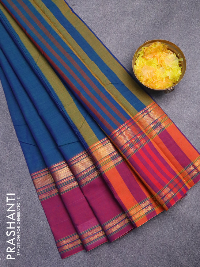 Narayanpet cotton saree dual shade of bluish green and magenta pink with plain body and rettapet zari woven border