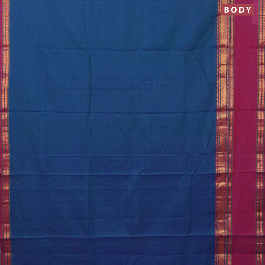 Narayanpet cotton saree dual shade of bluish green and magenta pink with plain body and rettapet zari woven border