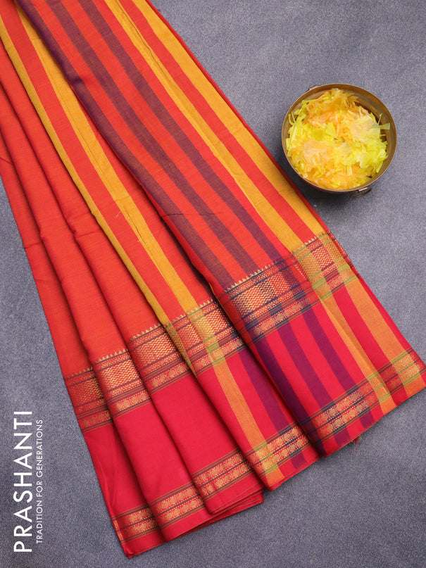 Narayanpet cotton saree sunset orange and red with plain body and rettapet zari woven border