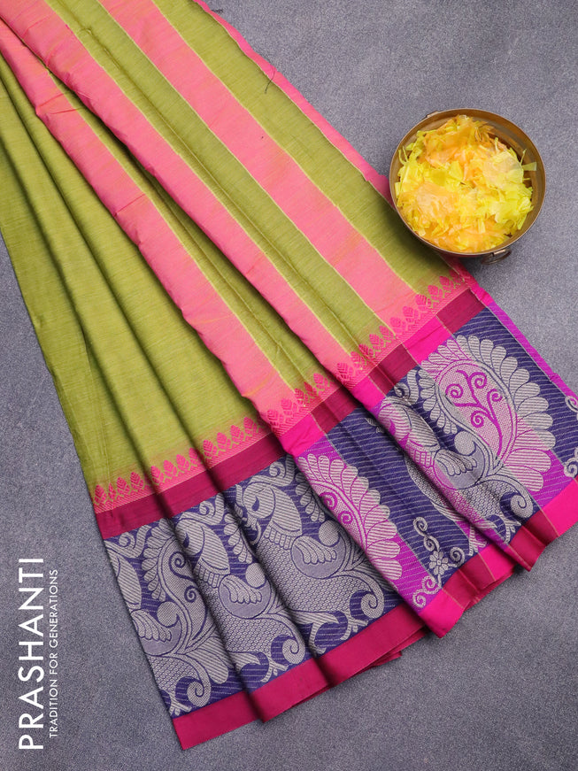 Narayanpet cotton saree light green and magenta pink with plain body and thread woven annam butta border