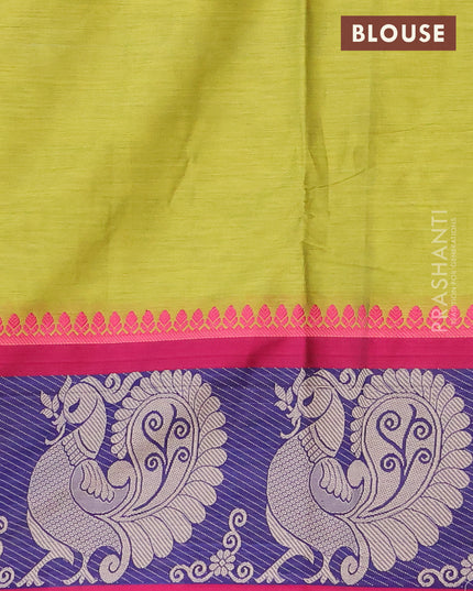 Narayanpet cotton saree light green and magenta pink with plain body and thread woven annam butta border