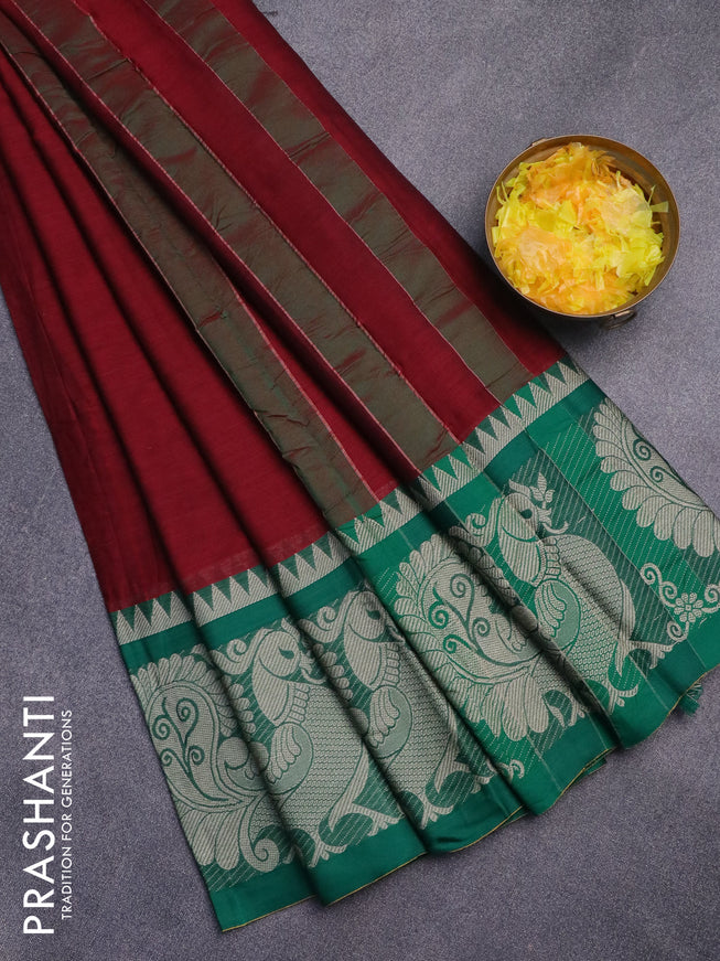 Narayanpet cotton saree maroon and green with plain body and thread woven annam butta border