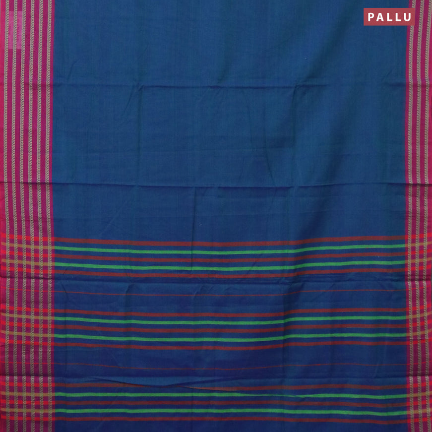 Narayanpet cotton saree dual shade of bluish green and magenta pink with plain body and thread woven border