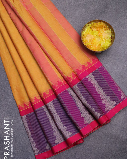 Narayanpet cotton saree dual shade of yellow and pink with plain body and long temple design thread woven border