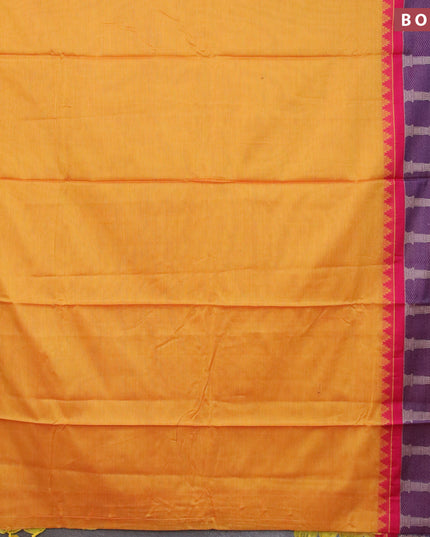 Narayanpet cotton saree dual shade of yellow and pink with plain body and long temple design thread woven border