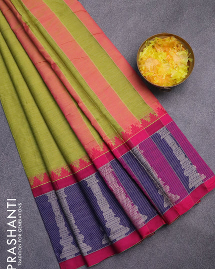 Narayanpet cotton saree light green and pink with plain body and long temple design thread woven border