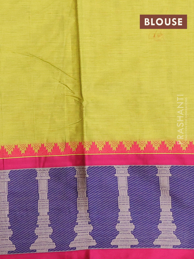 Narayanpet cotton saree light green and pink with plain body and long temple design thread woven border