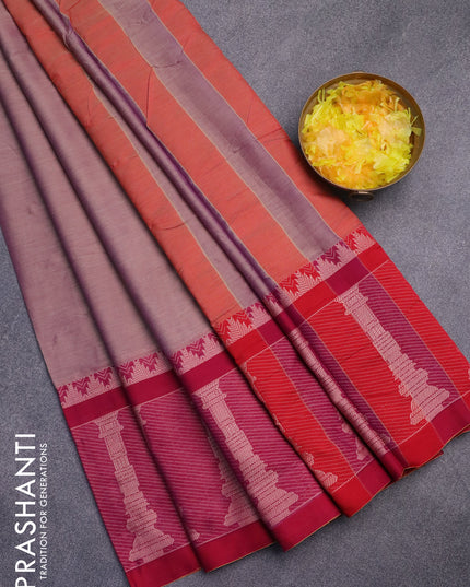 Narayanpet cotton saree dual shade of beige and maroon with plain body and long temple design thread woven border
