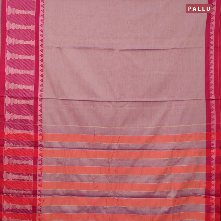Narayanpet cotton saree dual shade of beige and maroon with plain body and long temple design thread woven border