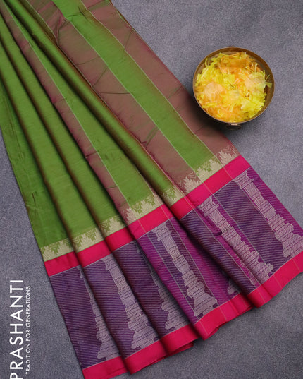 Narayanpet cotton saree dual shade of green and pink with plain body and long temple design thread woven border