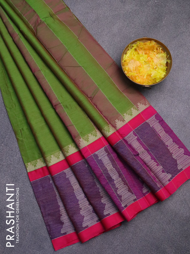 Narayanpet cotton saree dual shade of green and pink with plain body and long temple design thread woven border