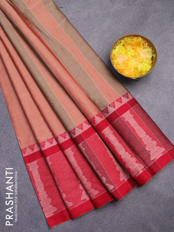Narayanpet cotton saree rust shade and red with plain body and long temple design thread woven border
