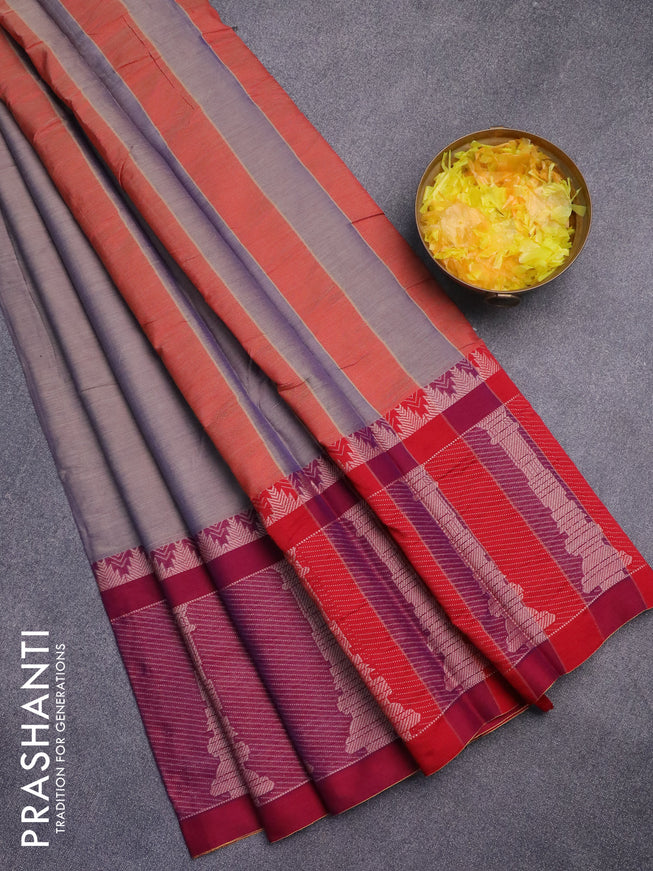 Narayanpet cotton saree dual shade of beigish blue and maroon with plain body and long temple design thread woven border
