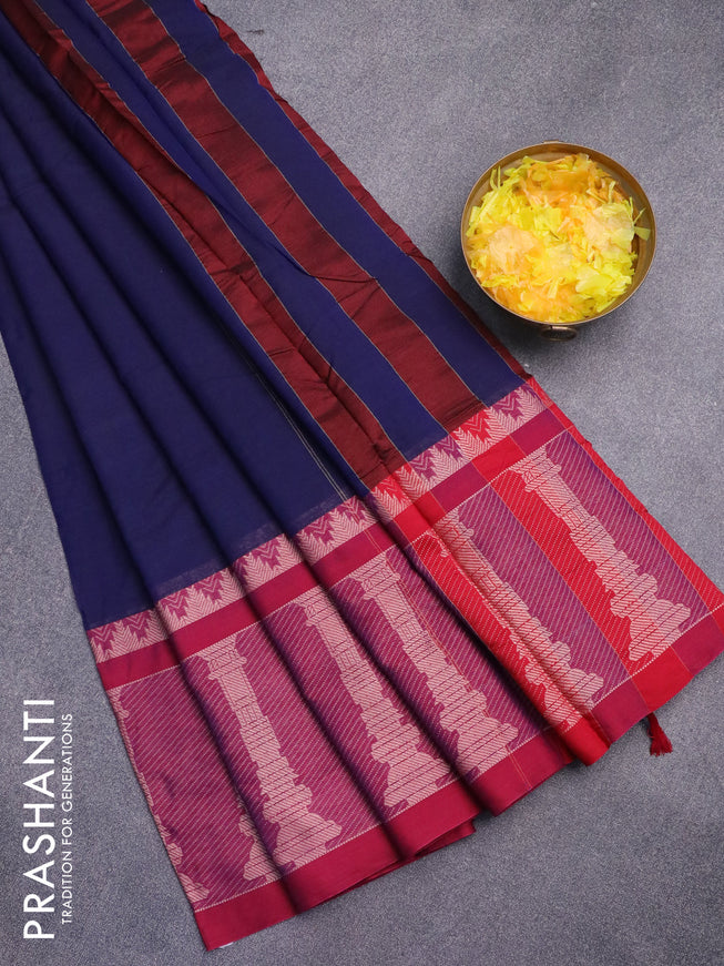 Narayanpet cotton saree navy blue and maroon with plain body and long temple design thread woven border