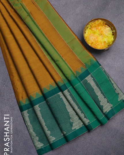 Narayanpet cotton saree dark mustard and green with plain body and long temple design thread woven border