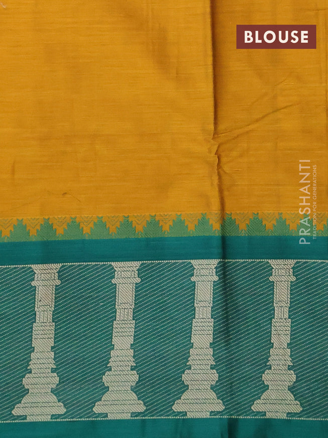 Narayanpet cotton saree dark mustard and green with plain body and long temple design thread woven border