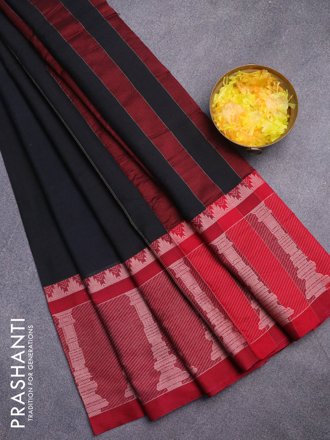 Narayanpet cotton saree black and maroon with plain body and long temple design thread woven border