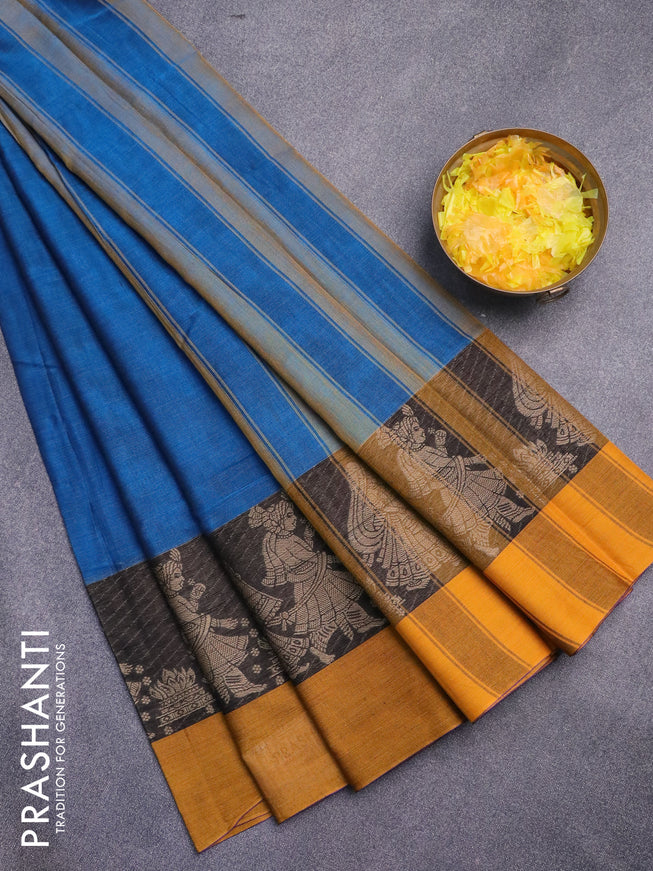 Narayanpet cotton saree peacock blue and black mustard yellow with plain body and thread woven butta border