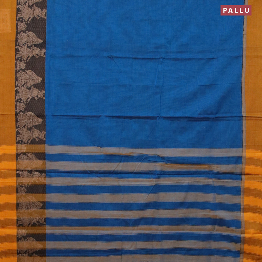 Narayanpet cotton saree peacock blue and black mustard yellow with plain body and thread woven butta border