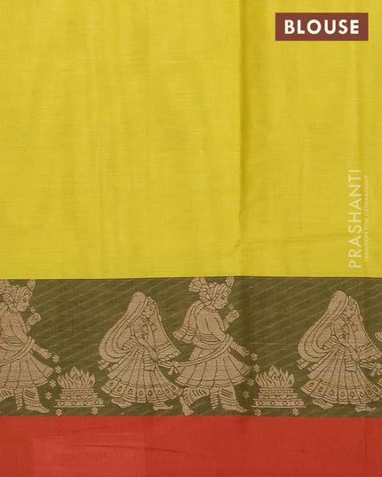 Narayanpet cotton saree lime yellow and green red with plain body and thread woven butta border